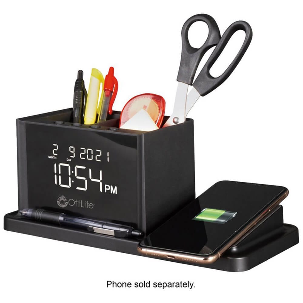 OttLite LCD Digital Alarm Clock with Organizer & Wireless Charging