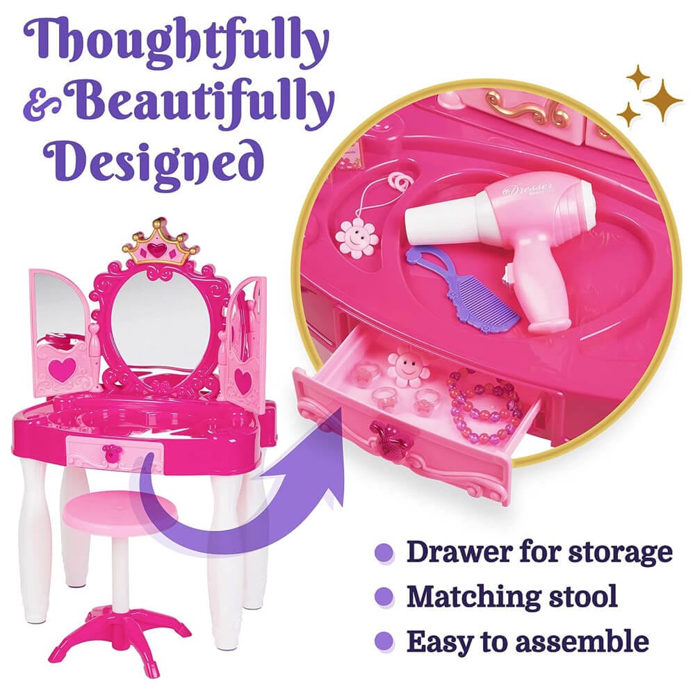 Prextex Girl's Princess Makeup Table with Mirror, Chair, and Accessories