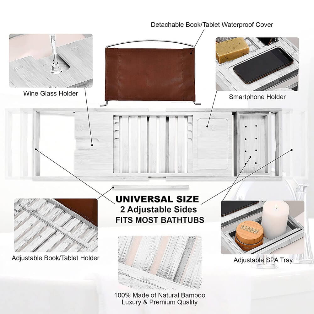 Homemaid Living Luxury Expandable Bamboo Bathtub Tray, White