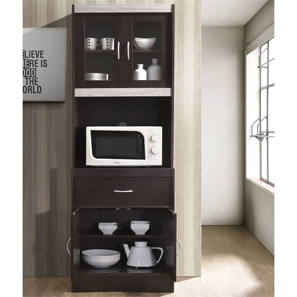 Hodedah Kitchen Cabinet with Drawer & Space for Microwave, Chocolate/Gray