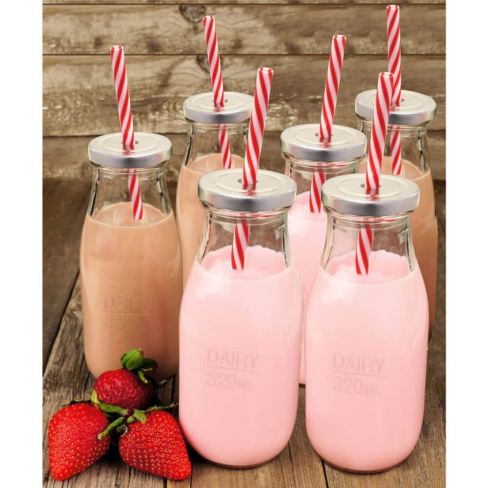 Estilo Reusable Glass Milk Bottles with Straws, 10.5 oz, Set of 6