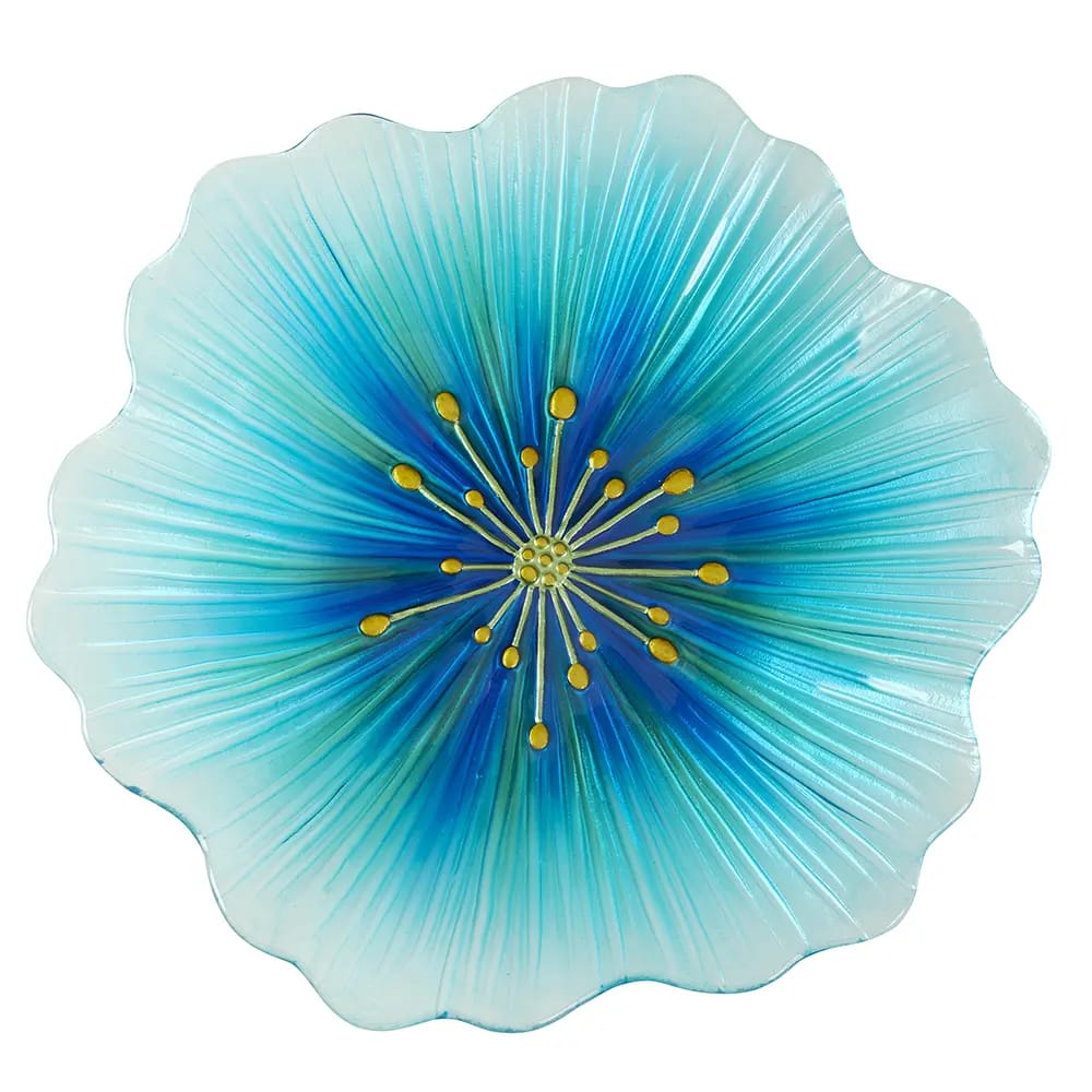Blue Flower Glass Bird Bath, 16"