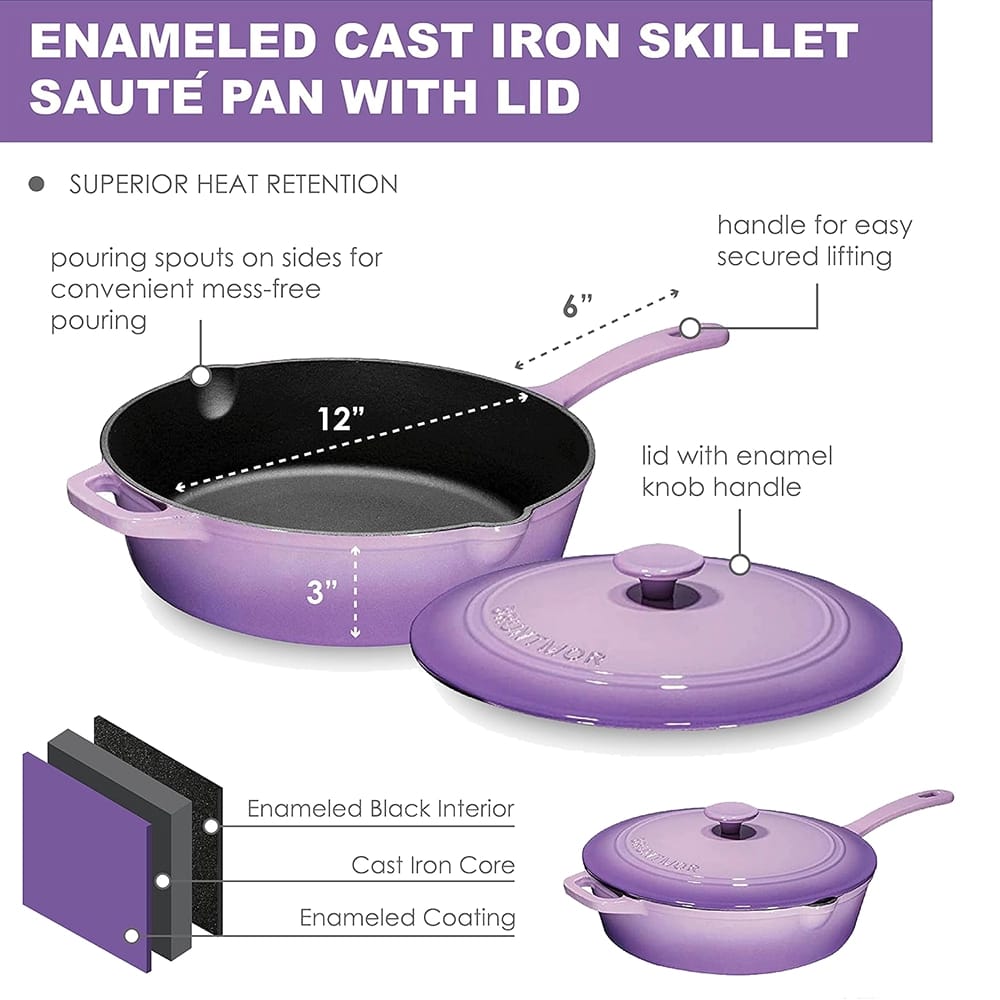 Bruntmor 5-Quart Cast Iron Skillet With Lid, Purple