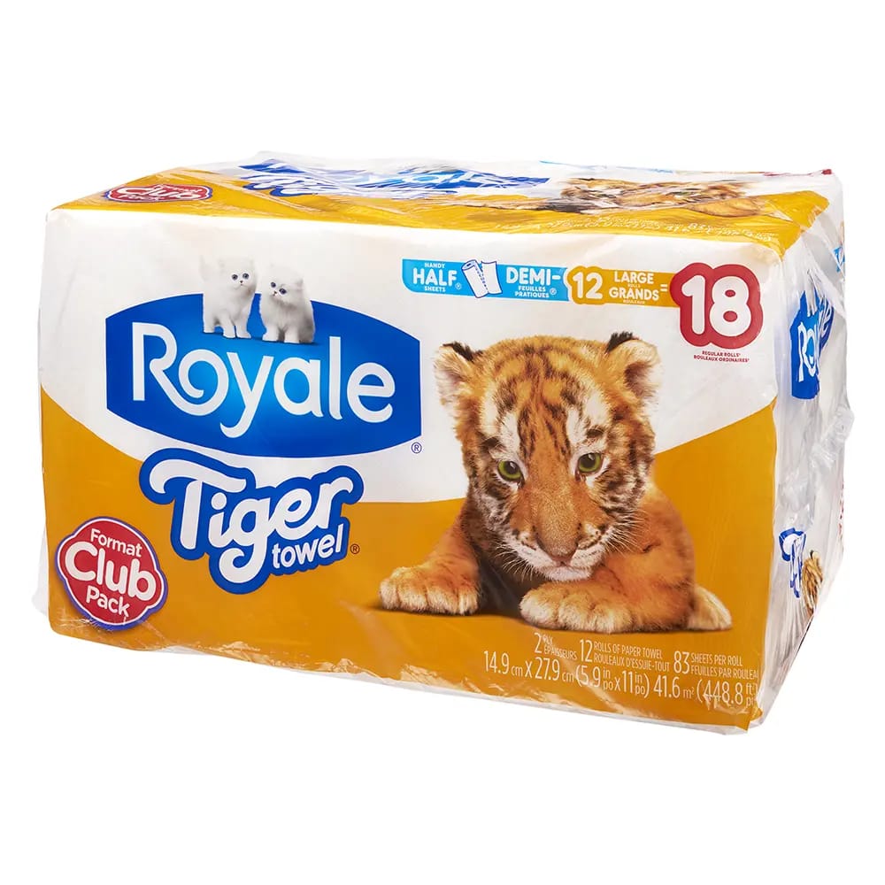 Royale Tiger Towel 2-Ply Large Paper Towel Rolls, 12 Pack