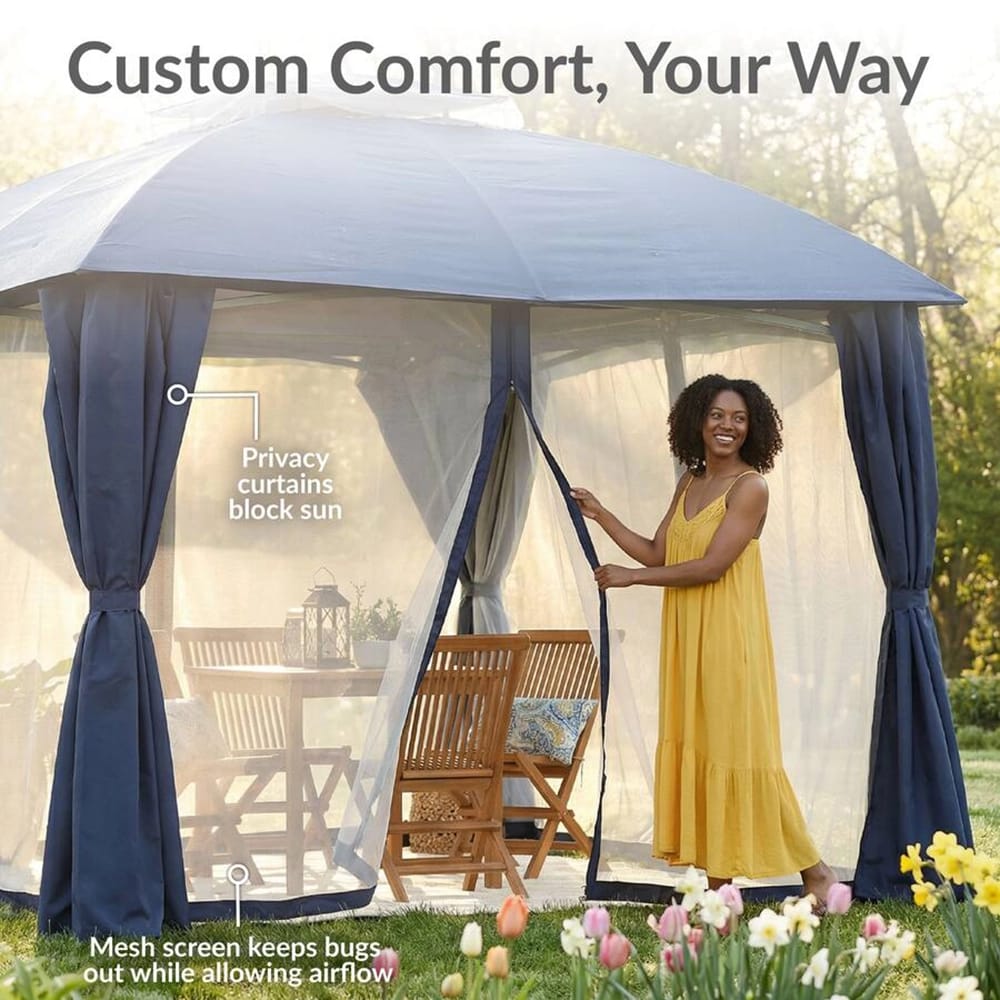 Sunnydaze 12.6' x 9.1' Soft Top Patio Gazebo with Screens and Privacy Walls, Blue