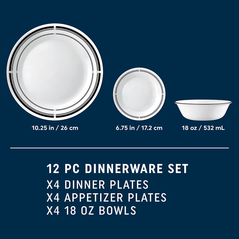 Corelle Premium Glass 12-Piece Dinnerware Set, Black