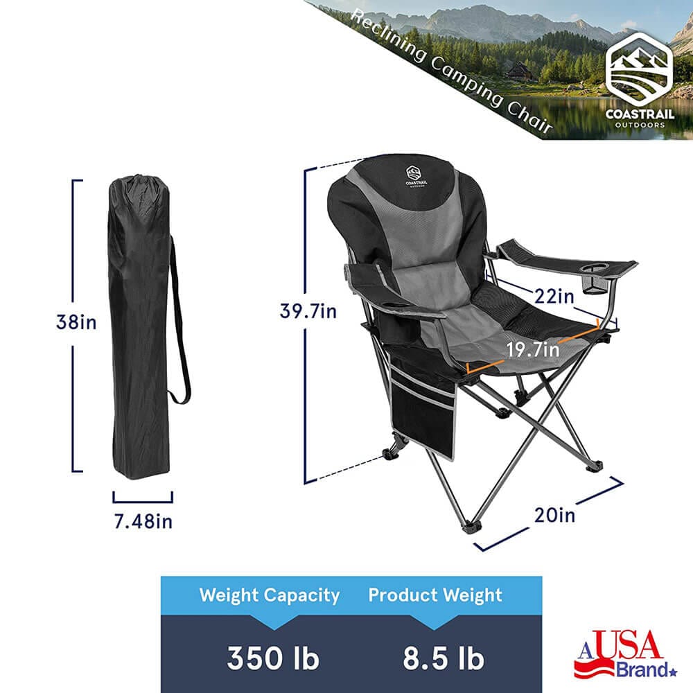 Coastrail Outdoor 3-Position Reclining Camp Chair with Cup Holders, Black/Gray