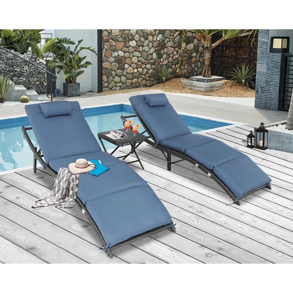 Patio Chaise Lounge Chairs Set, Blue, 3-Piece Set