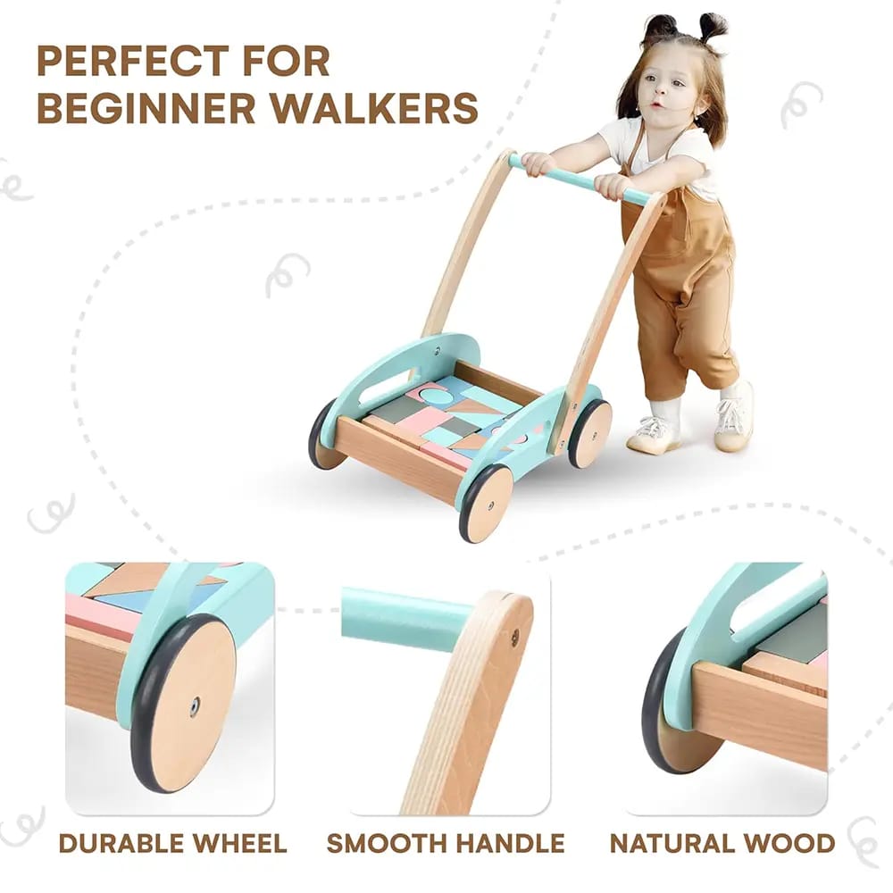 Childlike Behavior Wooden Baby Push Walker with Wheels, Green