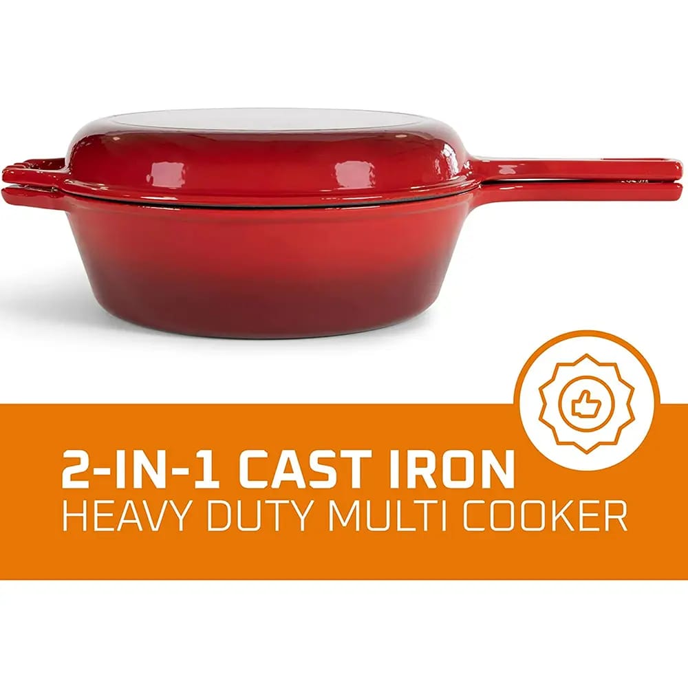 Bruntmor Enameled 3-Quart 2-in-1 Cast Iron Multi-Cooker, Red