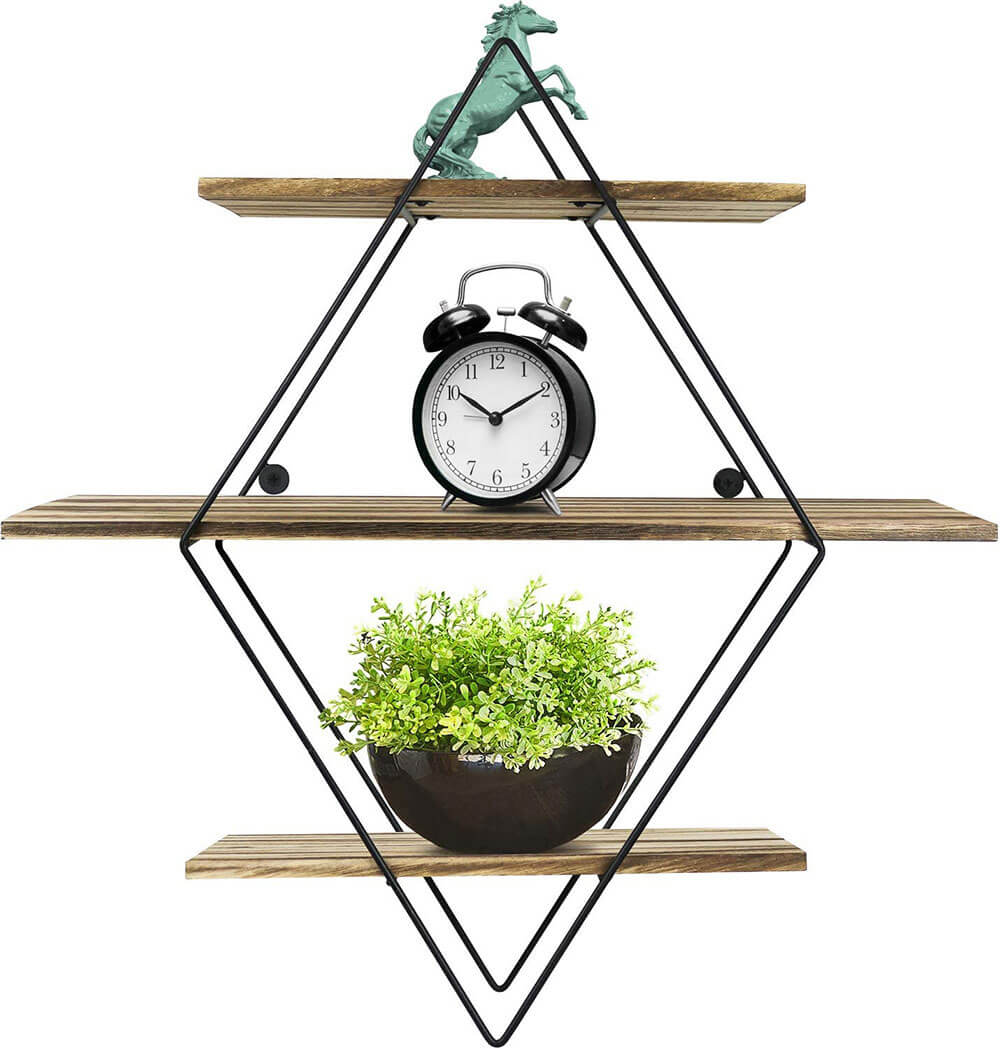 Greenco Geometric Diamond Shaped 3-Tier Floating Wall Shelves, Rustic Brown