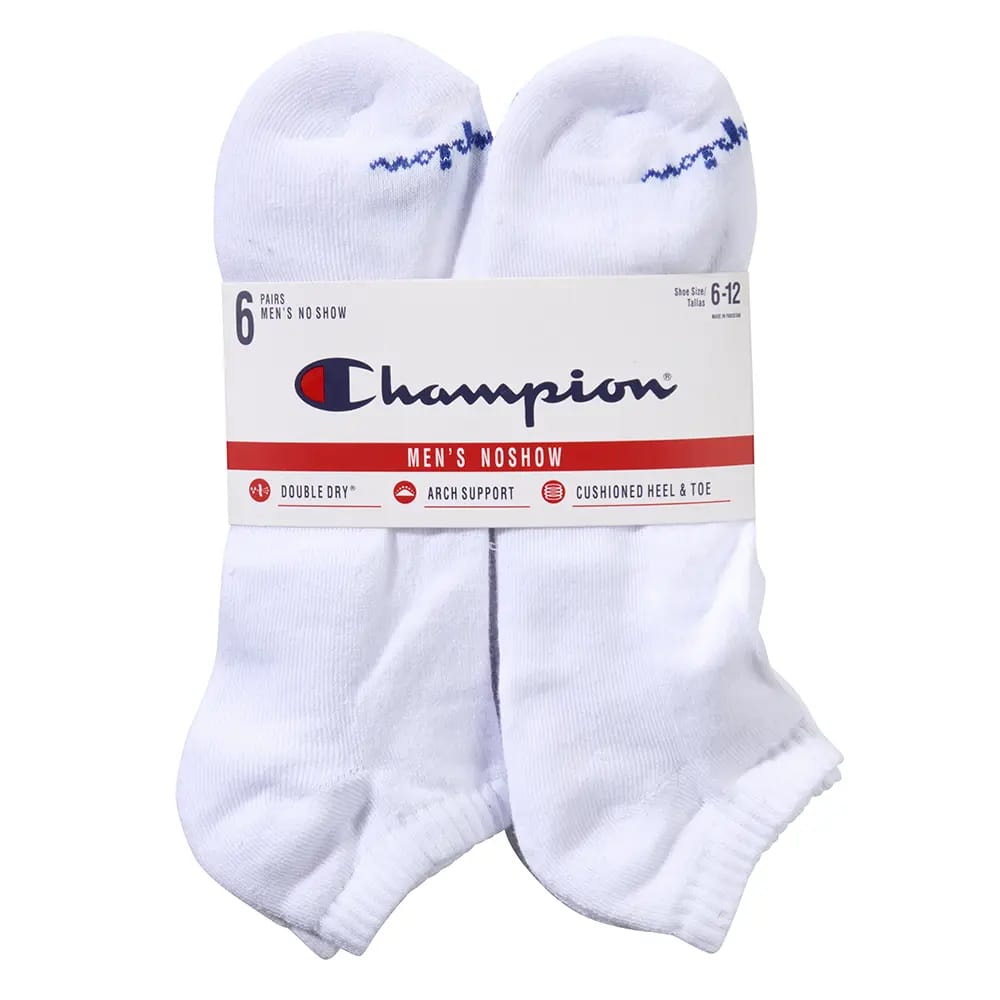 Champion Men's No Show Socks, White, 6 Pairs, Shoe Size 6-12