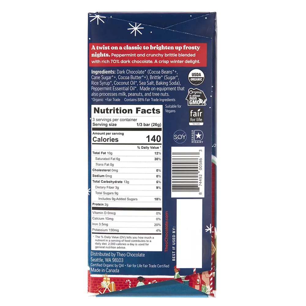 Theo Organic Peppermint Crunch Dark Chocolate Bar, 2.8 oz