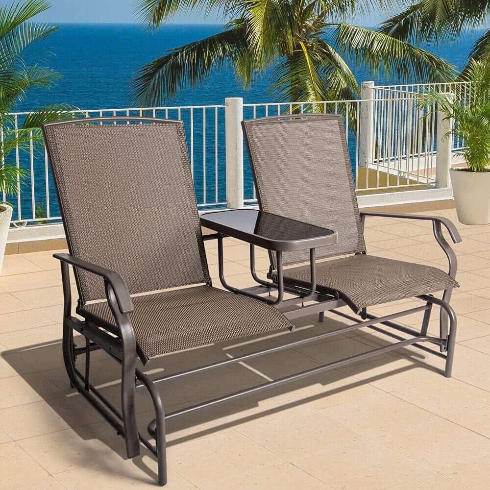 PatioPost 2-Person Outdoor Glider Bench with Center Table, Mocha