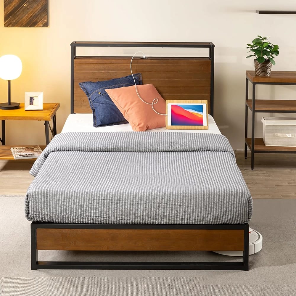 Zinus Suzanne Platform Bed with Headboard Shelf, Twin, Brown/Black
