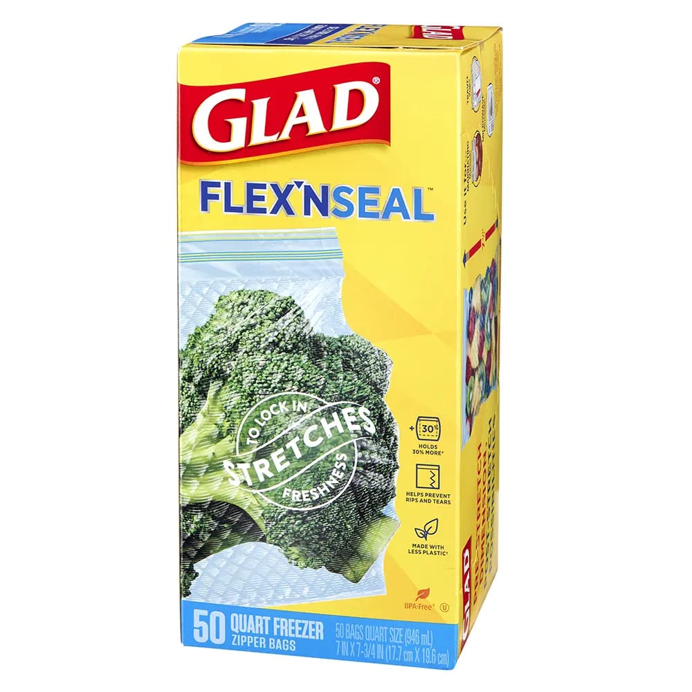 Glad Flex'N Seal Freezer Quart Zipper Bags, 50 Count