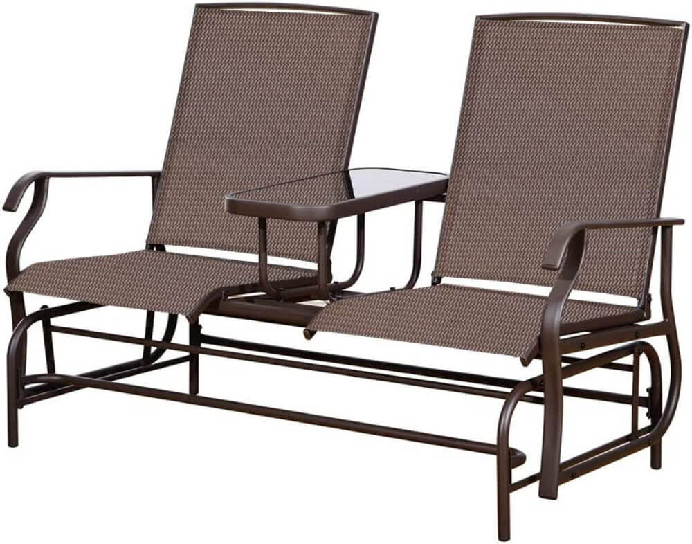 PatioPost 2-Person Outdoor Glider Bench with Center Table, Mocha