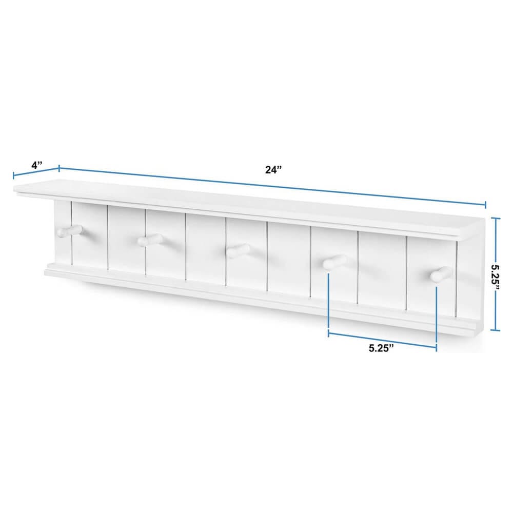 Greenco Entryway Wall Mounted Floating Shelf with Hooks, Hat and Coat  Hanging Wooden Storage Shelf, 24” – White