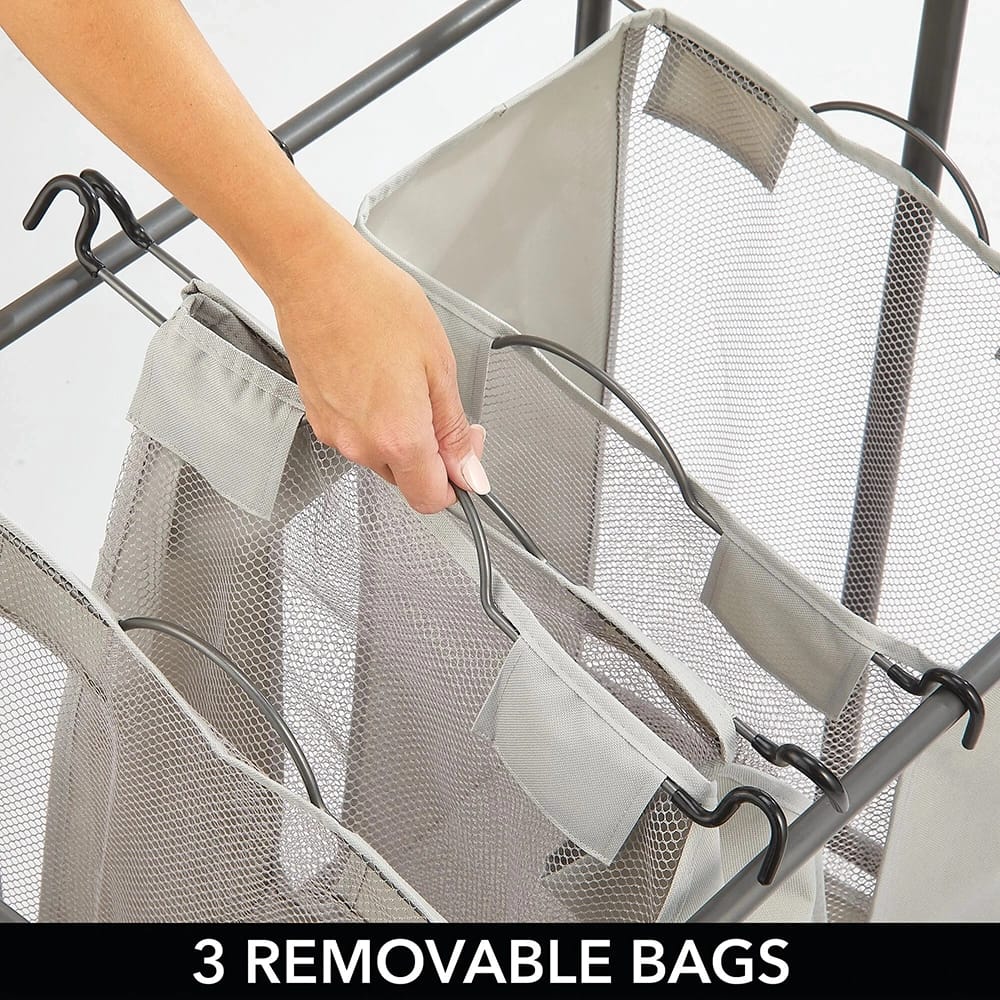 mDesign Portable Laundry Sorter with Wheels and Steel Hanging Bar, Graphite/Gray