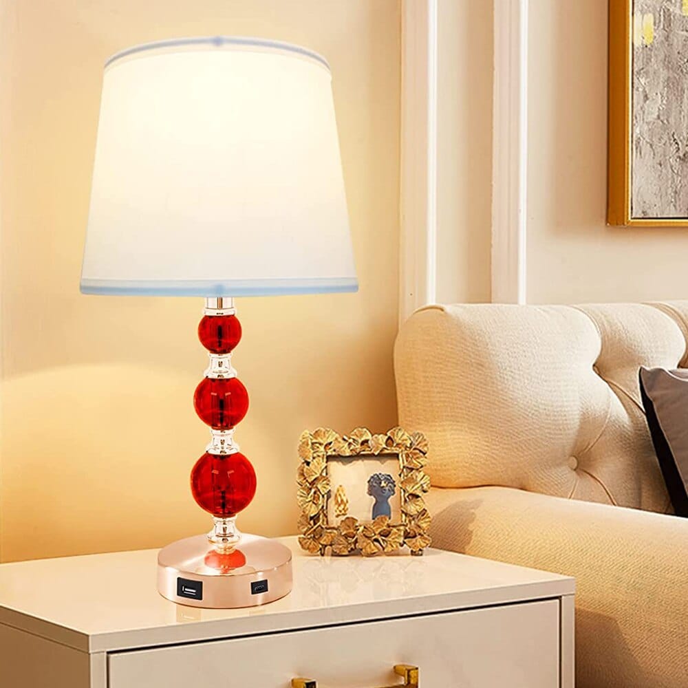 Retro Crystal Table Lamp with USB Ports and 3-Way Dimmable Touch Control, Set of 2, Red