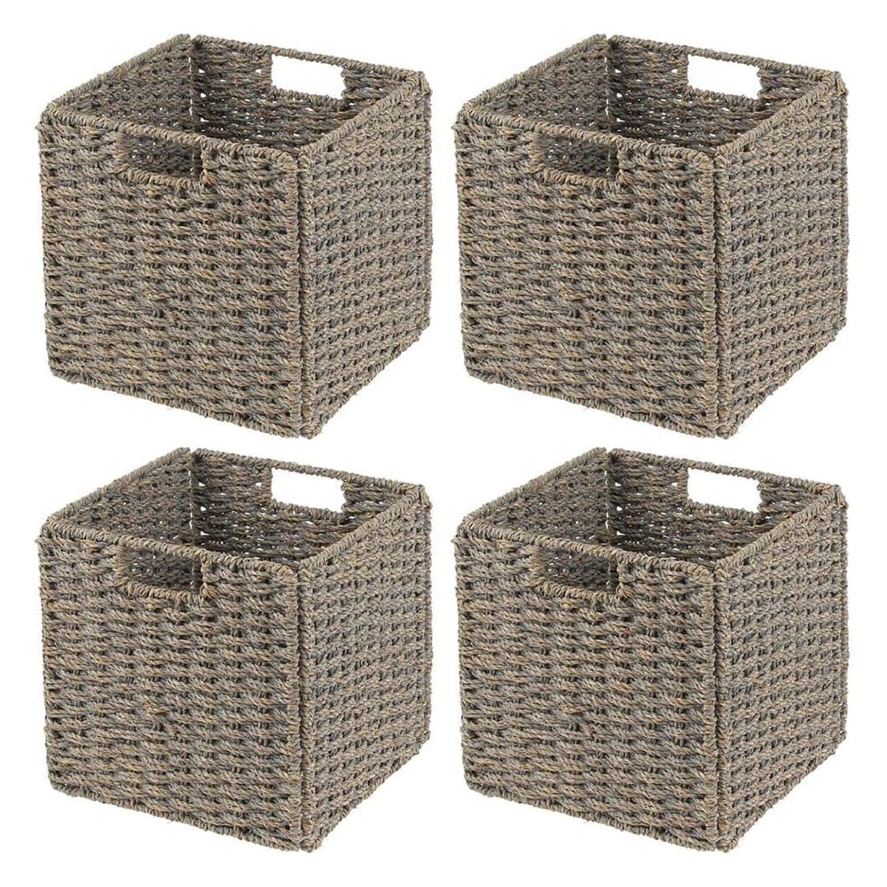 mDesign Seagrass Woven Cube Basket, Gray, 4 Pack