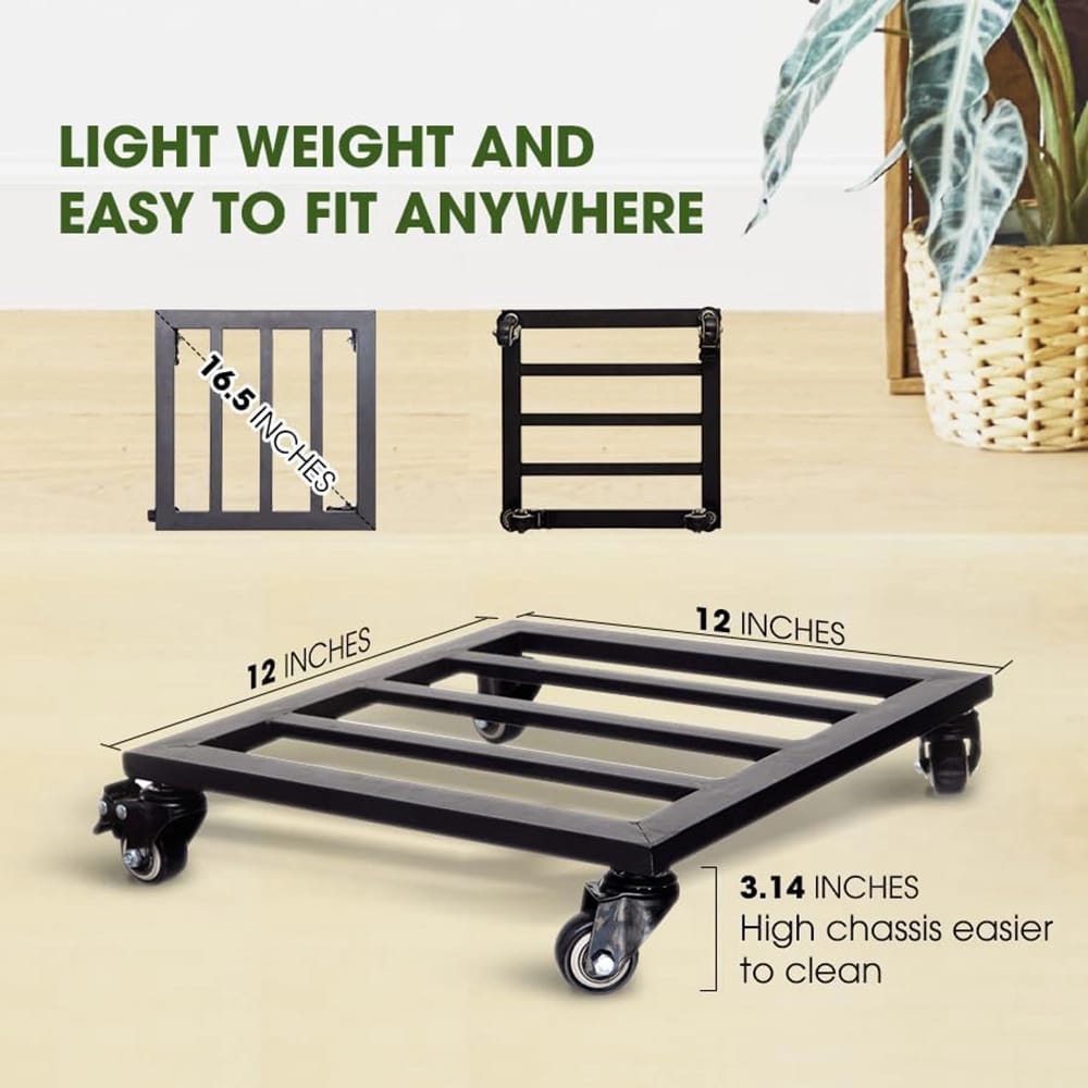 Idzo Heavy Duty Plant Caddy with Wheels, Black, 12"