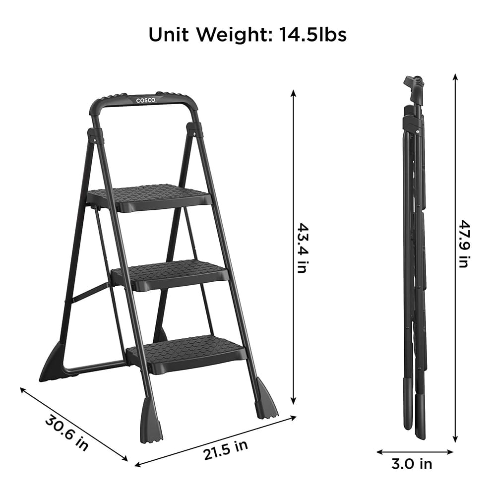 Cosco 3-Step Folding Step Stool with Top Cap, Black