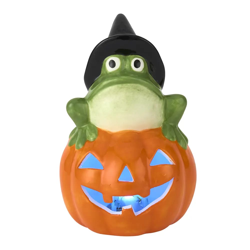 Ceramic Bewitching Frog on Pumpkin with Color-Changing LED, 5"