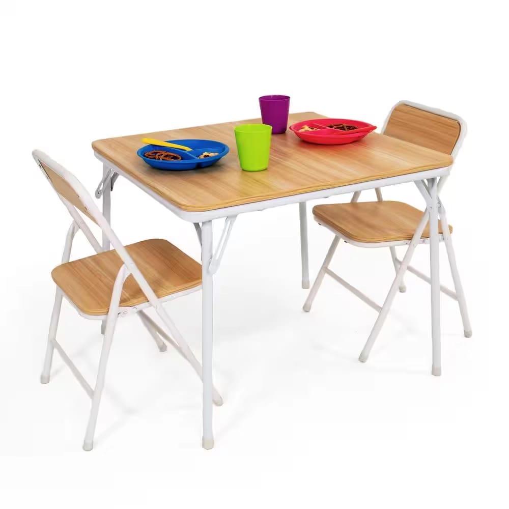 Humble Crew Kids Metal Folding Table and 2 Chairs Set, Natural Wood/White