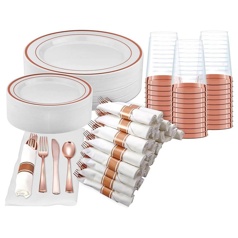 Prestee 350-Piece Dinnerware Party Set for 50 Guests, Rose Gold