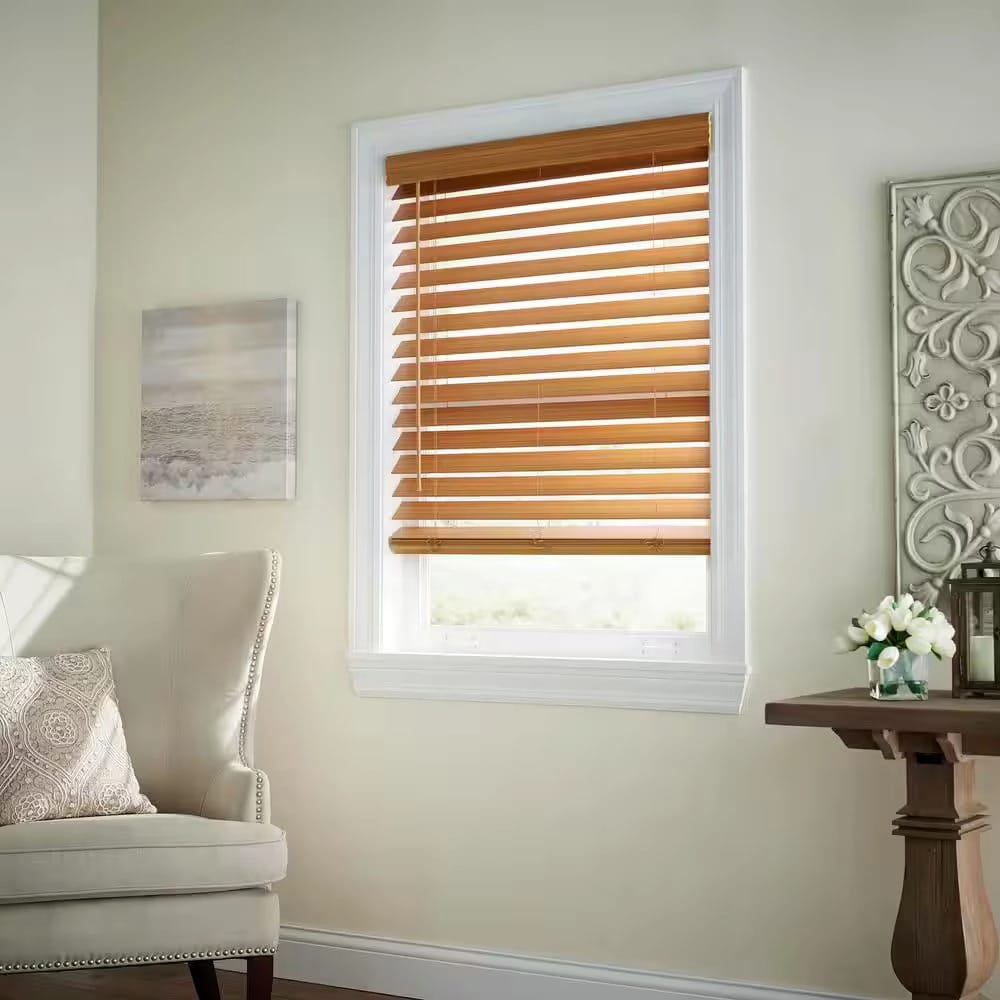 Cordless Premium Faux Wood Blinds with 2.5" Slats, Chestnut, 29" x 72"