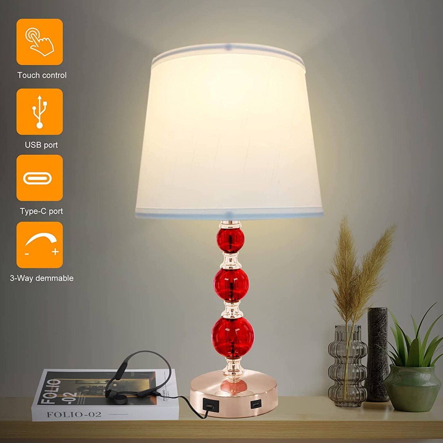 Retro Crystal Table Lamp with USB Ports and 3-Way Dimmable Touch Control, Set of 2, Red