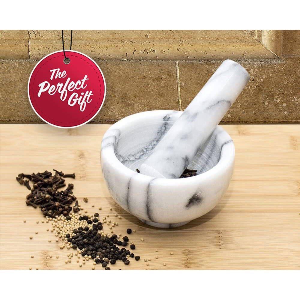 Greenco Mortar & Pestle Set, White Marble Stone