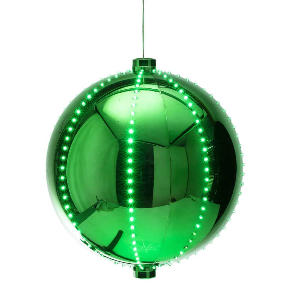 Alpine 13" Large Hanging Christmas Ball Ornament with 240 Warm White Chasing LED Lights & 6 Light Effects, Green