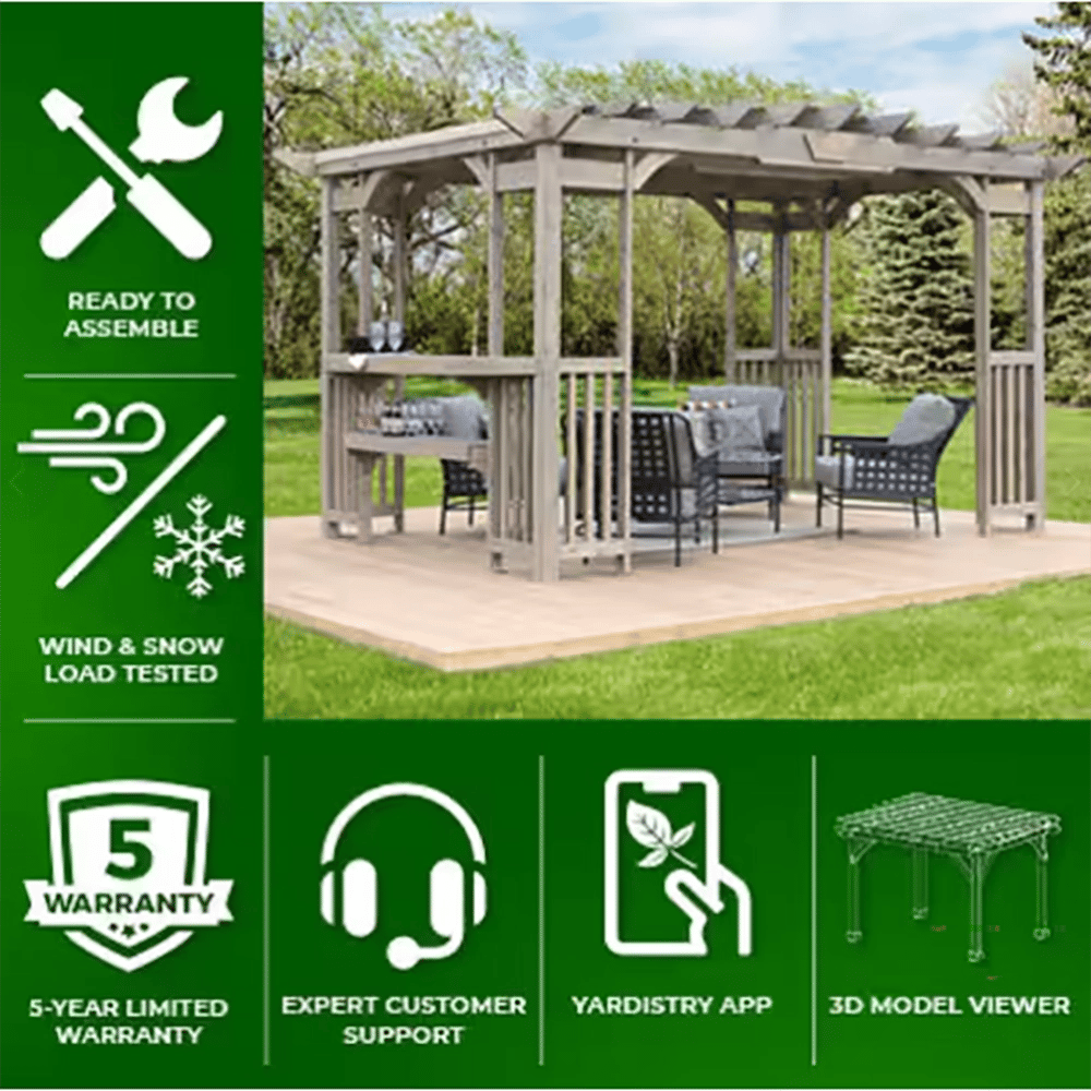 Yardistry Madison Cedar Wood Backyard Patio Pergola, Gray, 10' x 14'