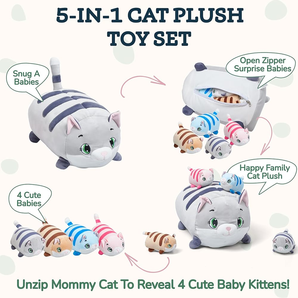PixieCrush Cat with Kittens Plush Toy Set