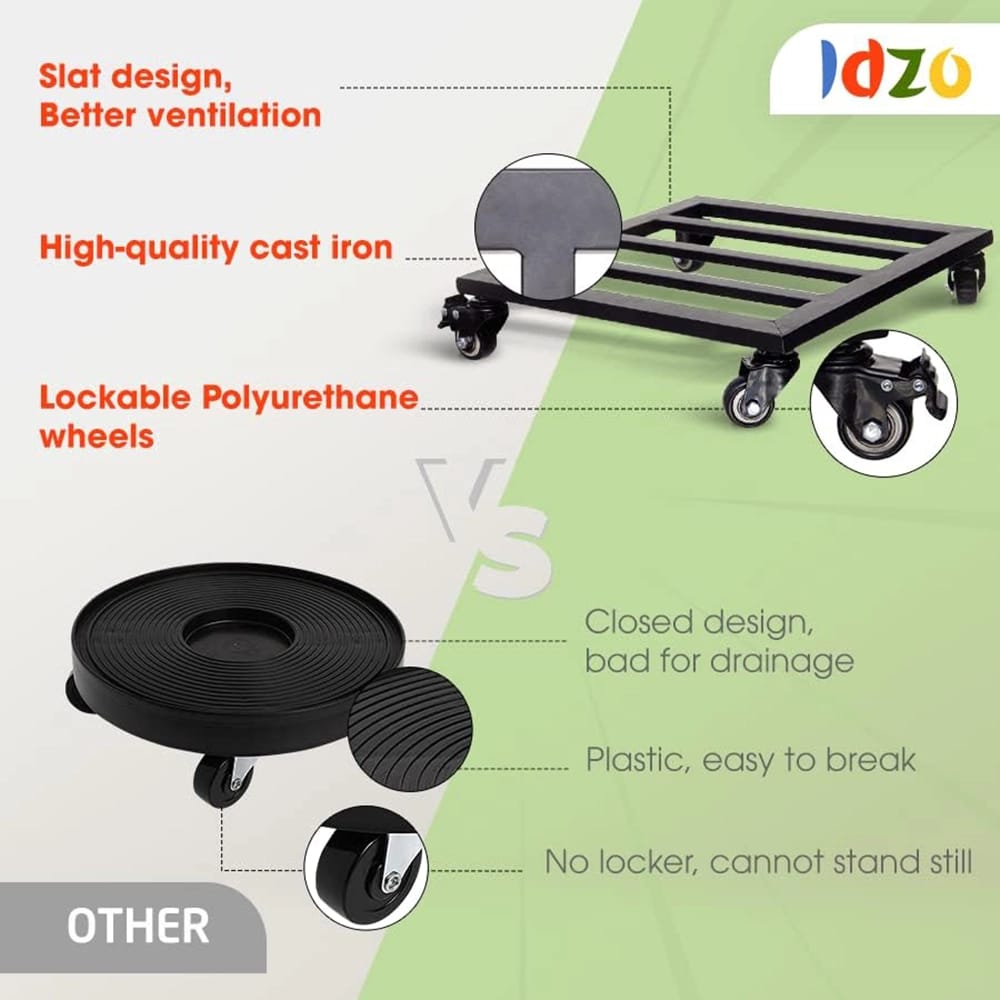 Idzo Heavy Duty Plant Caddy with Wheels, Black, 12"
