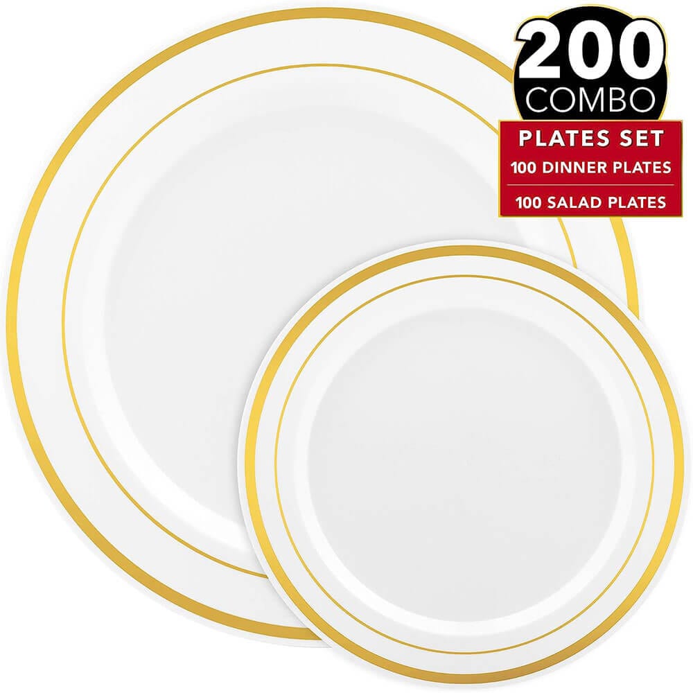 Prestee 200-Piece Party Plate Combo Set, White/Gold