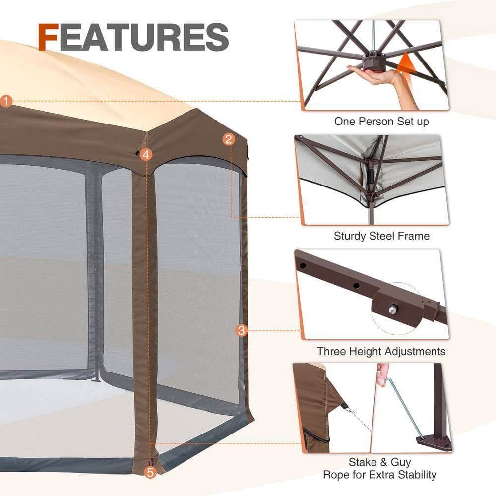 Hexagonal Pop-Up Gazebo with Mosquito Netting, Dark Brown