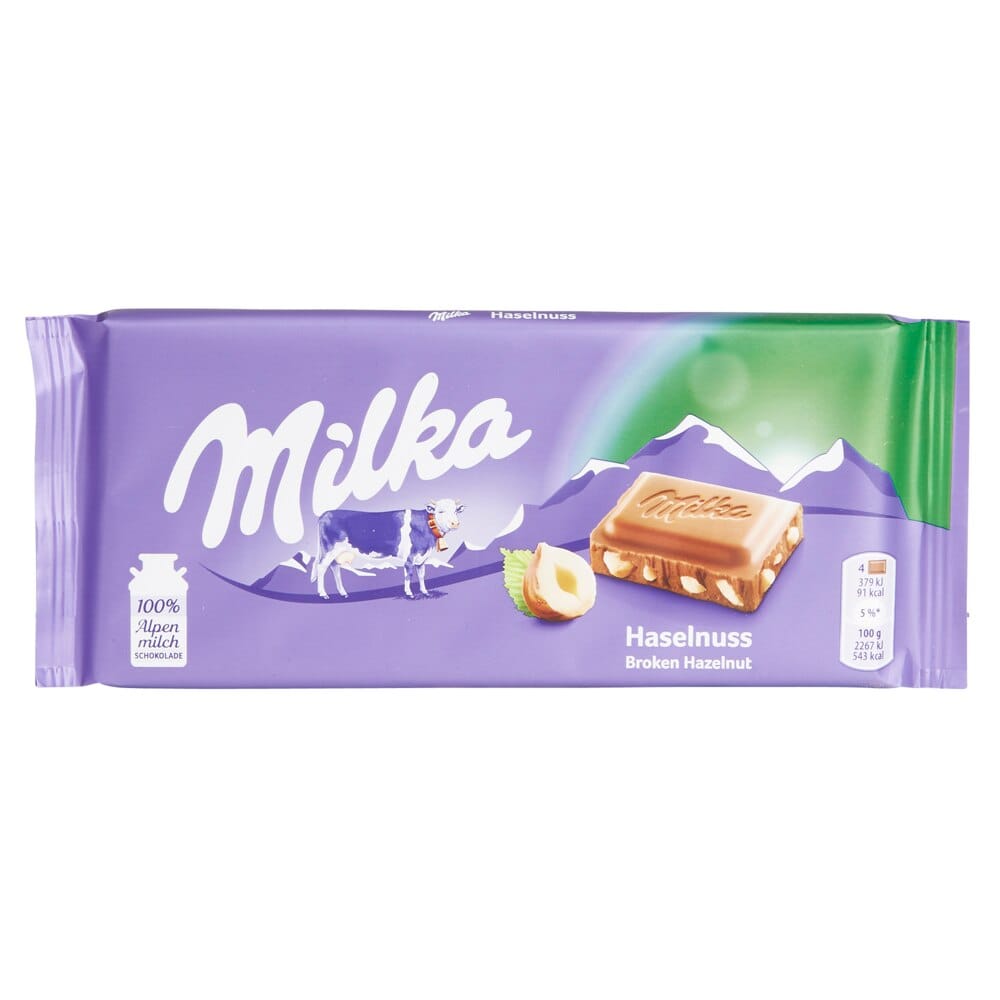 Milka German Milk Chocolate with Chopped Hazelnuts, 3.52 oz