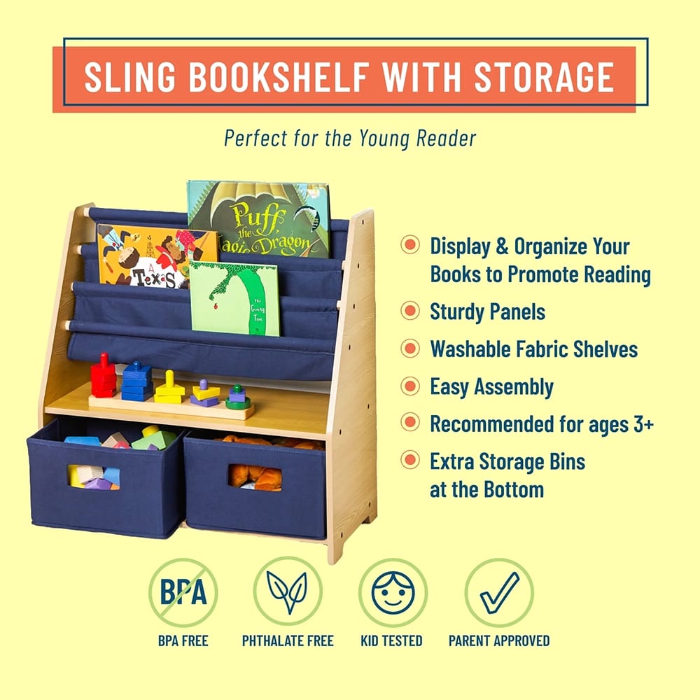 Wildkin Kids Canvas Bookshelf, Natural/Blue