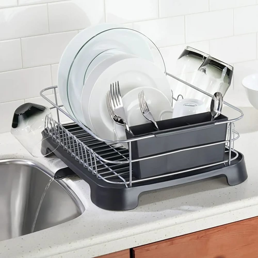 mDesign Dish Drying Rack Holder with Swivel Spout, Silver/Black