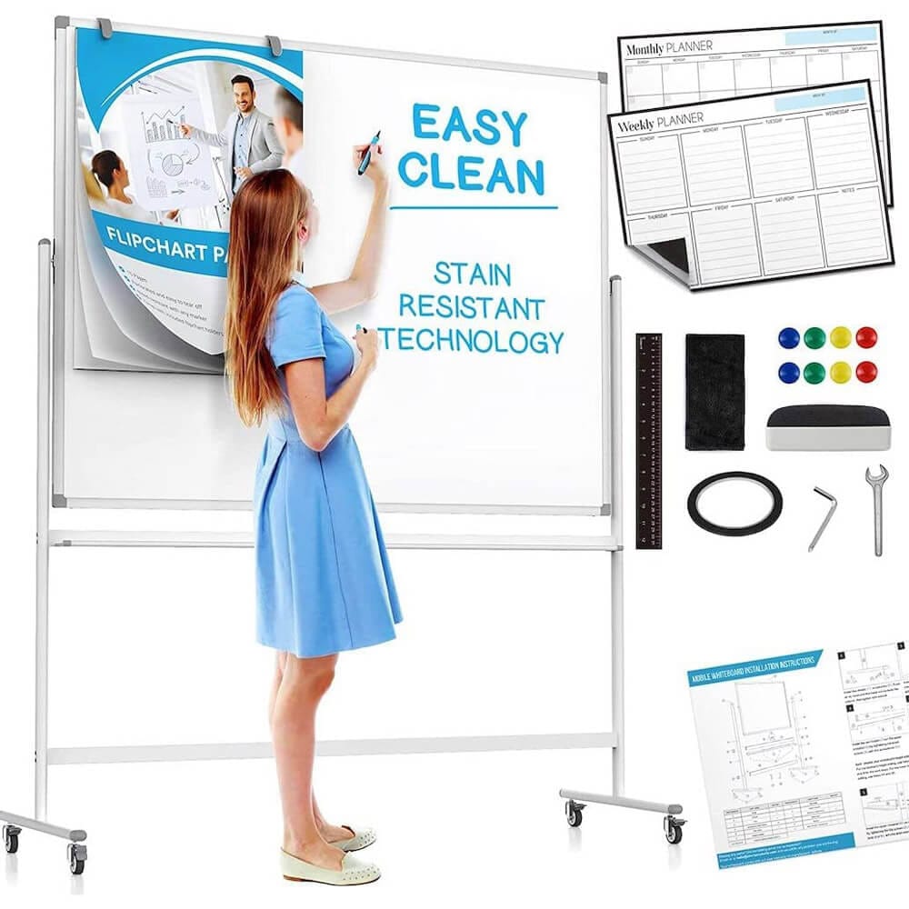 Cinch! Large Mobile Rolling Whiteboard on Wheels, 48" x 36", White