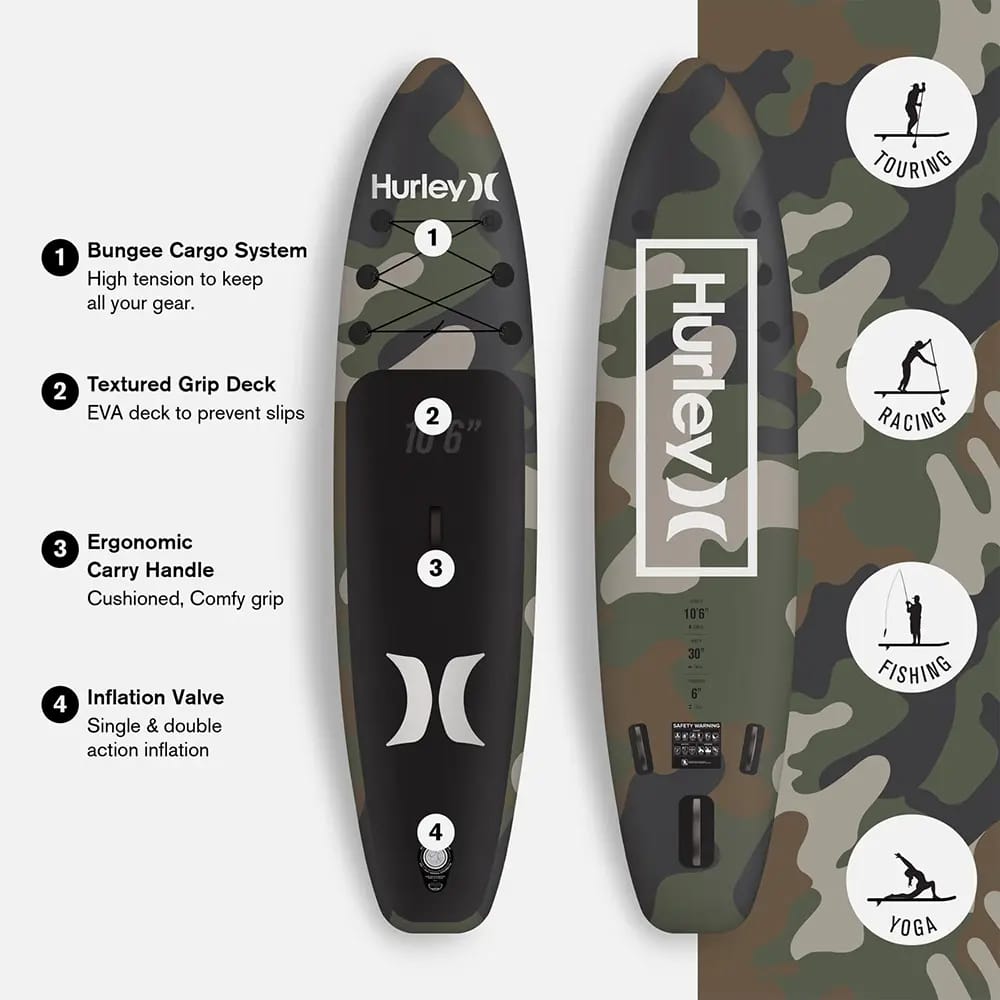 Hurley One and Only 10'6" Inflatable Stand Up Paddle Board, Camo