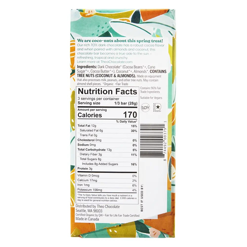 Theo Organic Coconut Almond Dark Chocolate Bar, 3 oz
