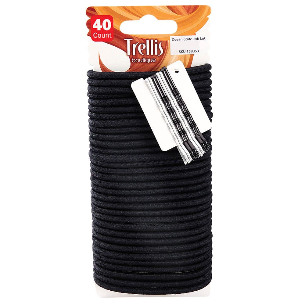 Trellis Boutique Black Hair Elastics with Bobby Pins, 40 Count