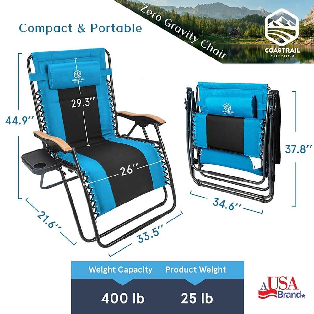 Coastrail Outdoor Zero Gravity Chair with Premium Wood-Like Armrests & Side Table with Cup Holder, Aqua/Black