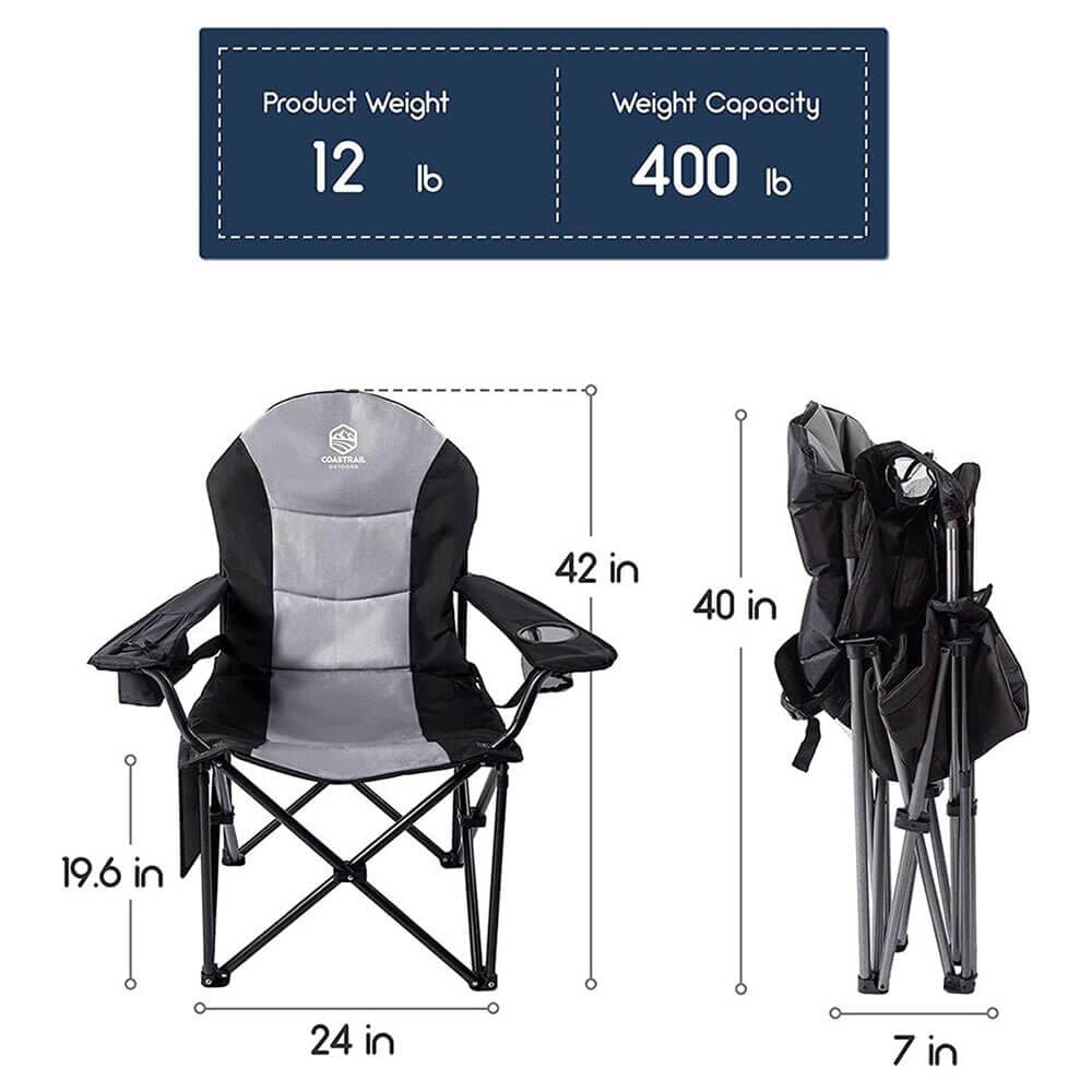 Coastrail Outdoor Oversized Camping Chair with Cooler Bag & Cup Holder, Black/Gray