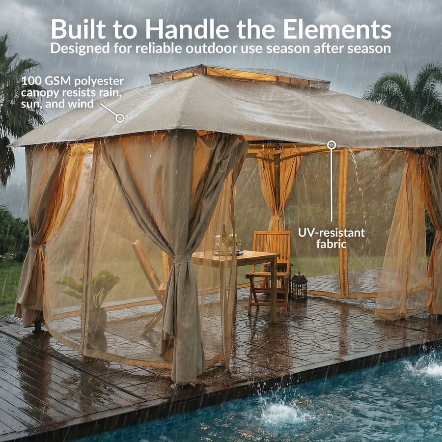 Sunnydaze 10' x 13' Soft Top Polyester Gazebo with Privacy Wall, Tan