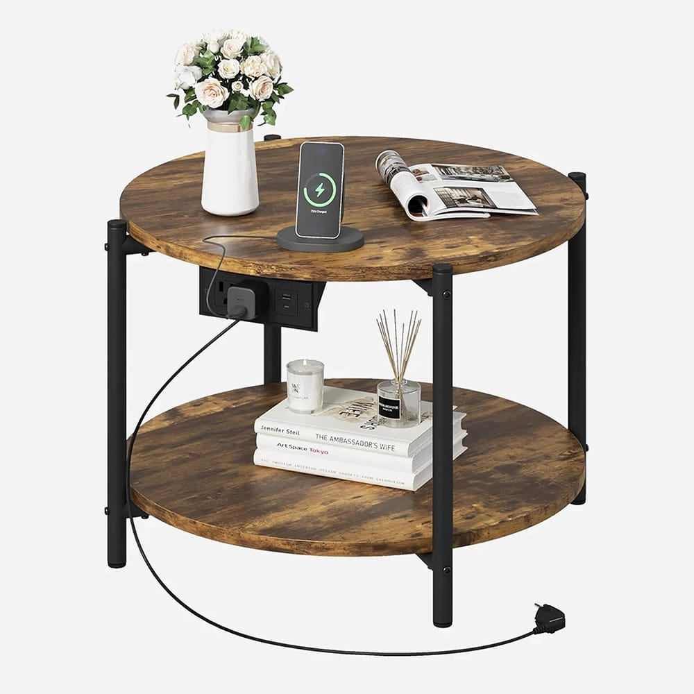 LIKIMIO 23.6" Double-Tiered Round End Tables with Charging Station, Brown